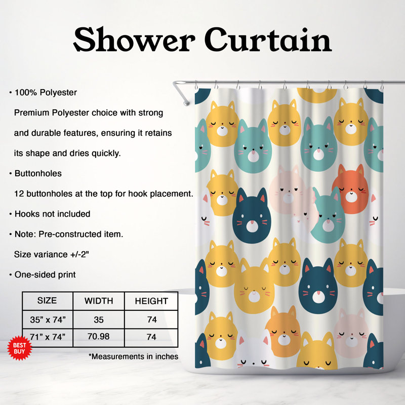 Cute Kitty Motifs - Rideau de douche standard 1 pièce, H 74 po x l 71 po