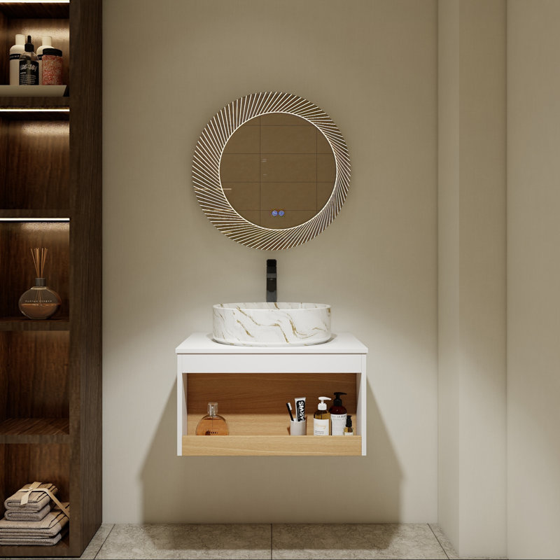 Meuble-lavabo flottant avec lavabo vasque à motif sable doré et tablette ouverte, 24"