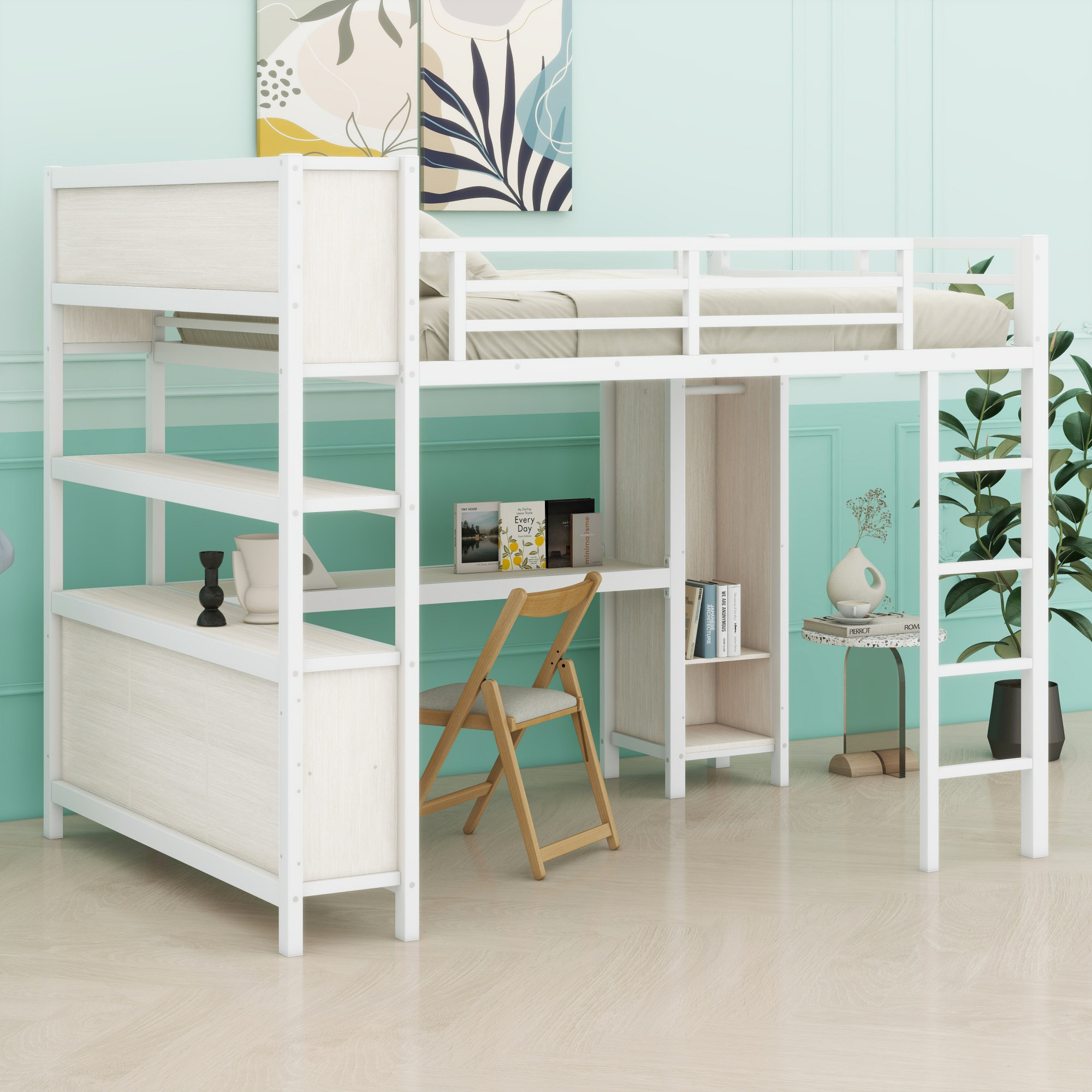 Ebern Designs Metal Loft Bed With Wardrobe, L-Shaped Desk And Storage ...