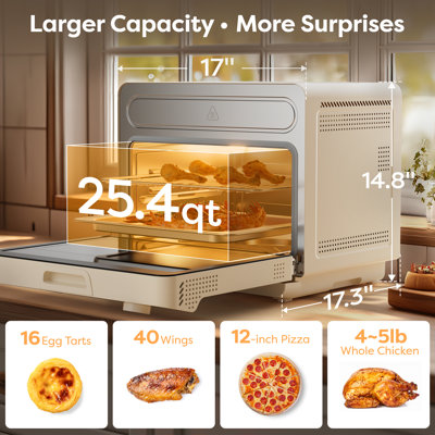 CIARRA 1600W 12-in-1 Steam Air Fry Countertop Toaster Oven, 25.4 QT Large Capacity Convection Oven with Self-Clean, Digital Touch Control, Fits 12" Pizza & Whole Chicken, White Stainless Steel