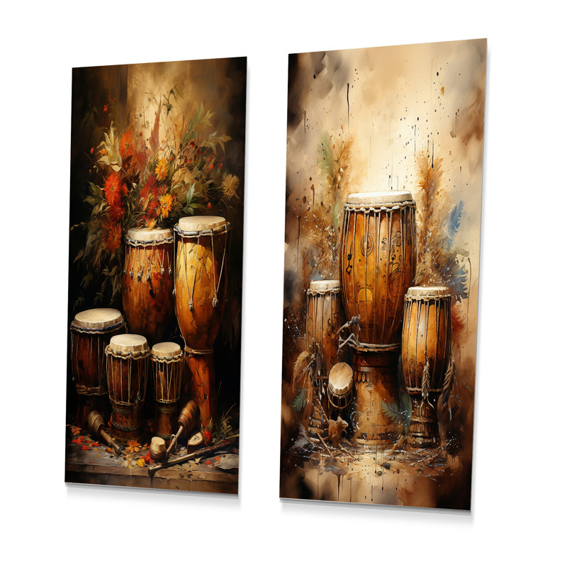 Ensemble de 3 art mural en métal «Djembe Journey Earthy Umber», H 28 po x l 24 po