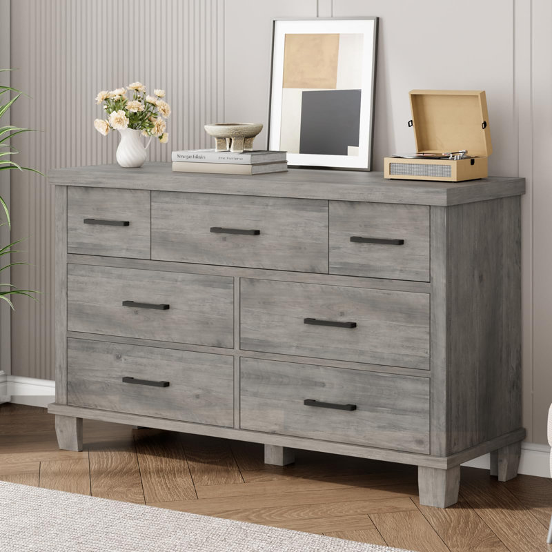 Modern 7 Drawer Wide Wooden Dresser – 51 Inch Large Storage Chest with Metal Handles, Durable & Stylish for Bedroom, Living Room, Closet, Nursery (Wood Grain Gray)