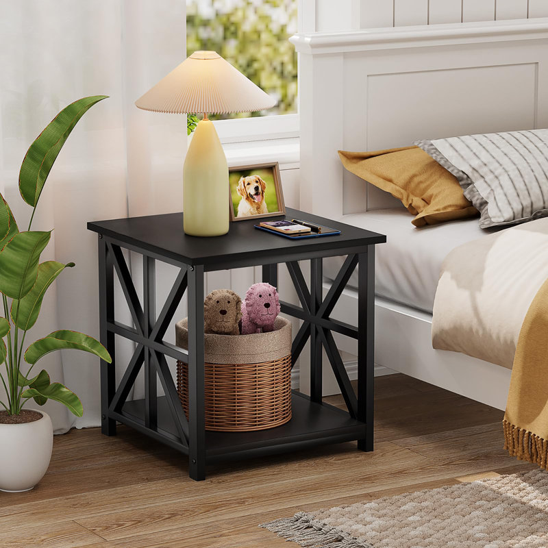 2-Tier Side Table with Storage, Black, Black