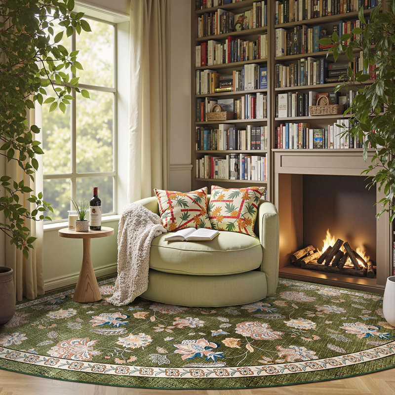Chinoiserie Floral Rug Vintage Romance Design Washable Non-slip Green, Slice/Wedge 8', Green