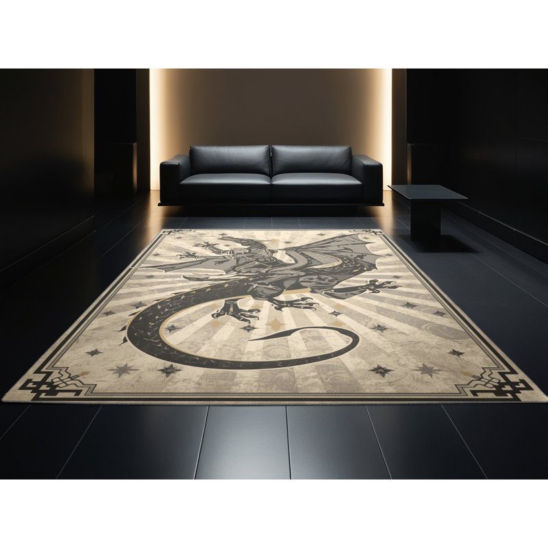 Soft Plush Dupras Dragon Rider Warrior Posh & Luxe Starburst Area Rug in Beige – Gray Binding, 5x8