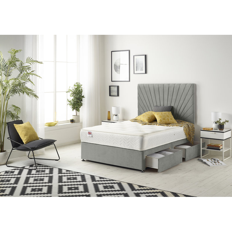 Pleasanton Linen Divan Bed Set with Sprung Memory Foam Mattress and Headboard, Single (3'), 2 Drawers, Silver