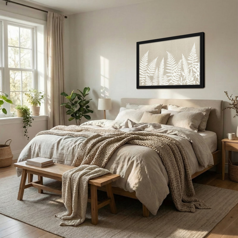 Plantes et fleurs fougères silhouettes sur fond beige, H 20 po x l 30 po