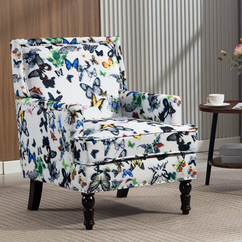 Chaise d'appoint rembourrée, fauteuil vintage avec tissu en lin à rayures blanches et café et garniture cloutée pour le salon