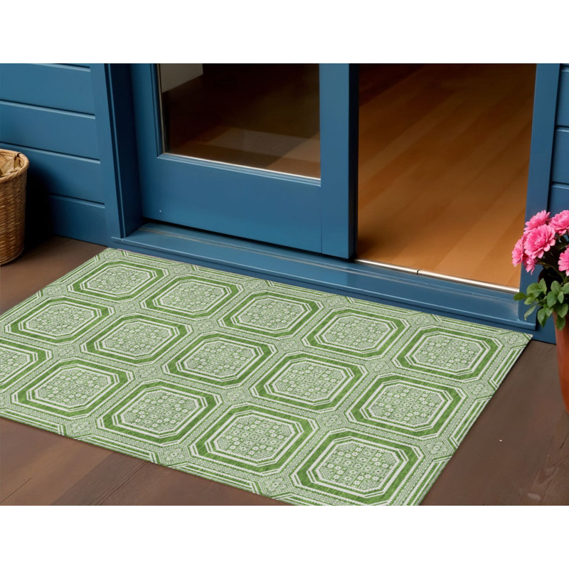 3' X 5' Green And Ivory Geometric Washable Indoor Outdoor Area Rug