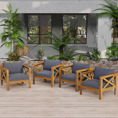  Outdoor Acacia Wood Club Chairs Set of 4, Teak Finish Armchairs with Dark Gray Cushions