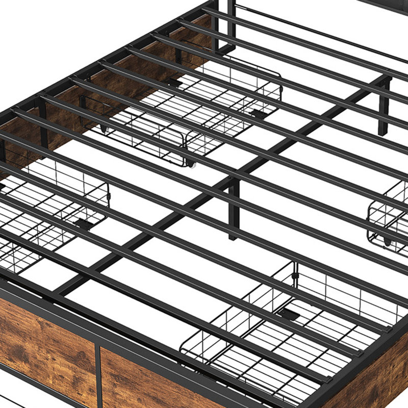 Industrial Upholstered Storage Bed With 4 Drawers, European Double & King Size Bed Frame With LED Headboard & USB Ports, Rustic Oak & Black