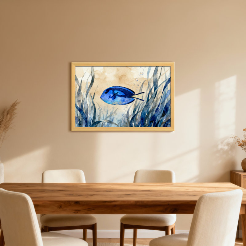 Animal poisson bleu nageant parmi des bulles d'algues, Toile tendue, Ne s’applique pas, H 24 po x l 36 po