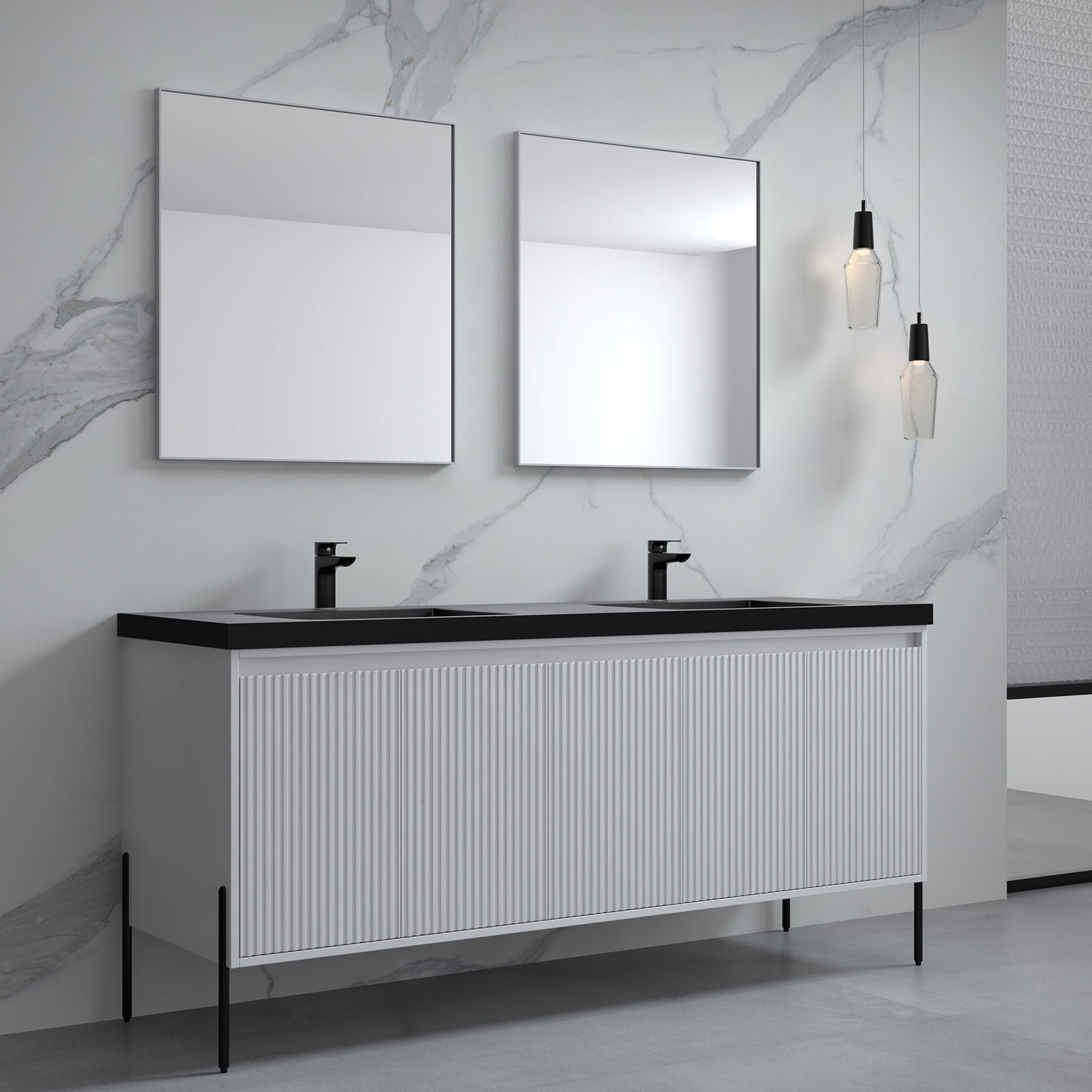 Socwell 73'' Double Bathroom Vanity with Resin Top, White, Black