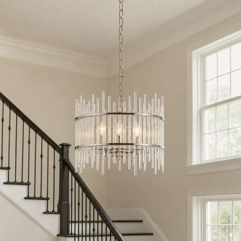 Eletto 5-Light Dimmable Glass Drum Chandelier, Nickel