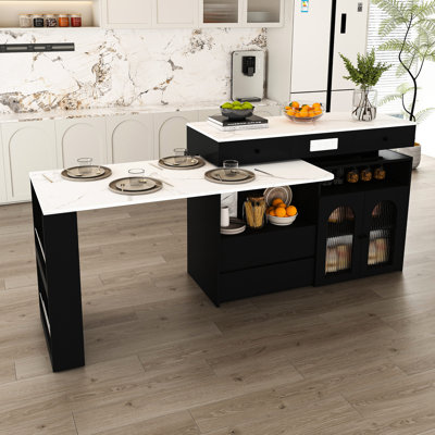  Kitchen Island with Extendable Rotating Table, Expandable Dining Station with 4 Drawers and Power Outlet, Black