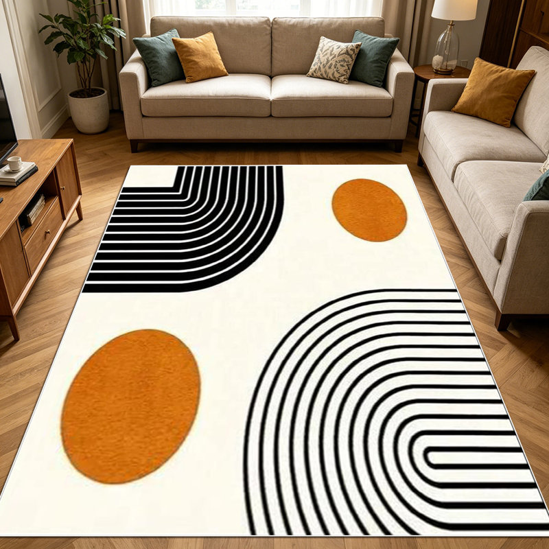 1PC Abstract Minimalist Geometric Curve Line & Burnt Orange Circle area rugs for Living Room, Soft and Comfortable, Suitable for all seasons, easy-to-maintain, machine washable Indoor floor mat, Under Table Farmhouse suitable for dining table,