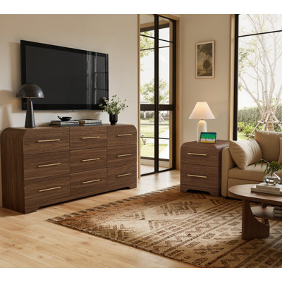 Commode moderne du milieu du siècle, 9 tiroirs, 160 cm, côtés incurvés, chêne