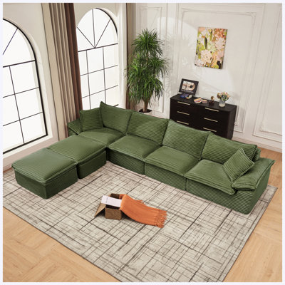 113" Oversized U-Shaped Modular Cloud Sectional Sofa, Corduroy Upholstered Deep Seat Couch with Movable Ottoman, No Assembly Required for Living Room Apartment Office, Black