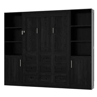 Grand lit escamotable en bois avec tablettes et armoires de rangement, noir
