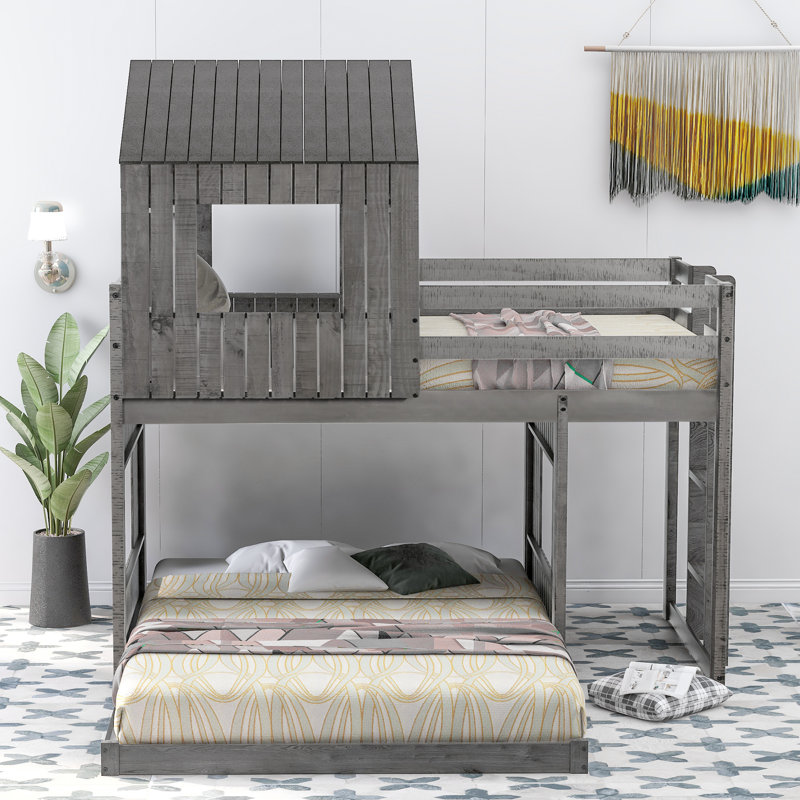 Lit superposé en bois, lit mezzanine avec maisonnette, gris