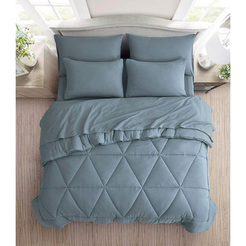 Microfiber Bed in a Bag Comforter Set, Dusty Blue, Oversized King Comforter + 6 Additional Pieces