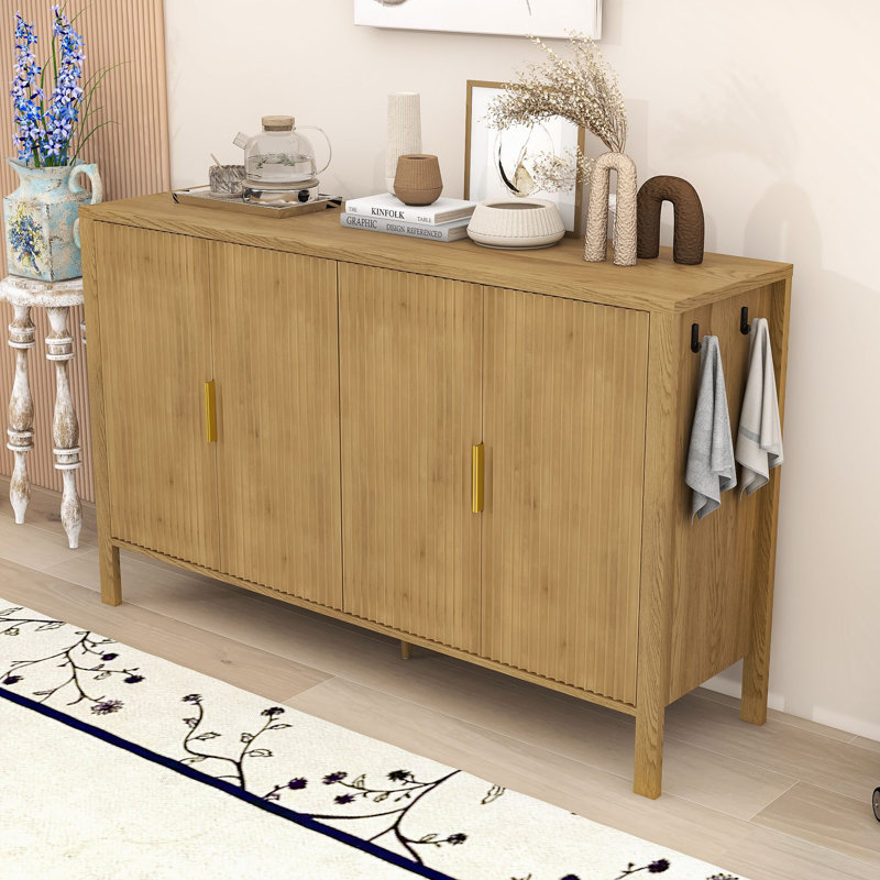 Buffet 4 portes avec tablettes réglables, supports de rangement à l'arrière et crochets latéraux, Naturel
