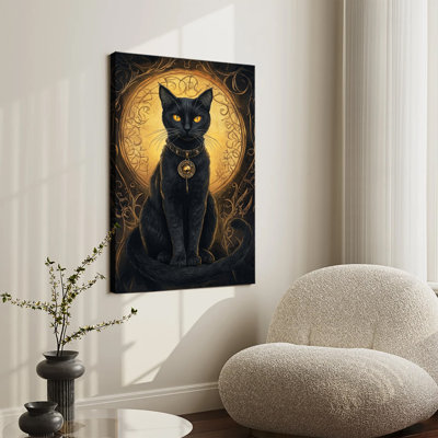 Tableau vintage représentant un chat noir orné d'un talisman doré, imprimé sur toile tendue sur châssis, idéal pour le salon ou la chambre.