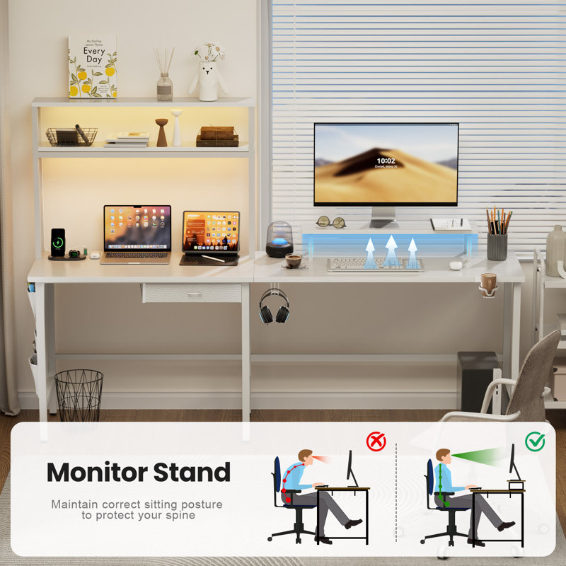 Modular L-Shaped Steel Computer Desk with Built-In Electrical Outlet, 146.5cm H x 170cm W x 50cm D, White