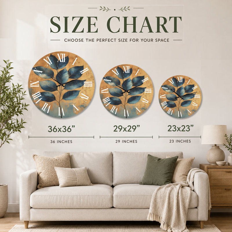 Feuilles d'or saphir I - Grande horloge murale glamour en bois, Extra Large