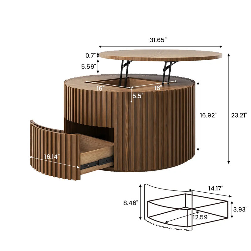 Silva - Lifting Top Round Coffee Table, Light Walnut, 17.72" H x 31.5" L x 31.5" W