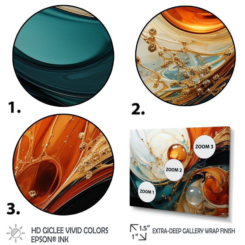 Orange et émeraude marbre lave IV - peinture abstraite, art mural, Cadre flottant doré, H 12 po x l 20 po x P 1 po