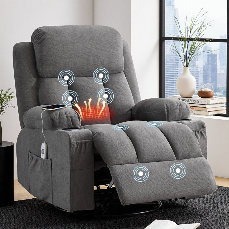 Fauteuil inclinable pivotant brun de 38 po avec massage et chaleur à 8 points, porte-gobelets, port USB, capacité de 350 lb