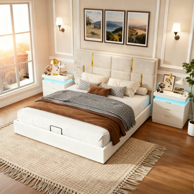 3-Pieces Bedroom Sets,Upholstered Platform Bed With Hydraulic Storage System,And Nightstand with Charging Station and LED Lights by Mercer41