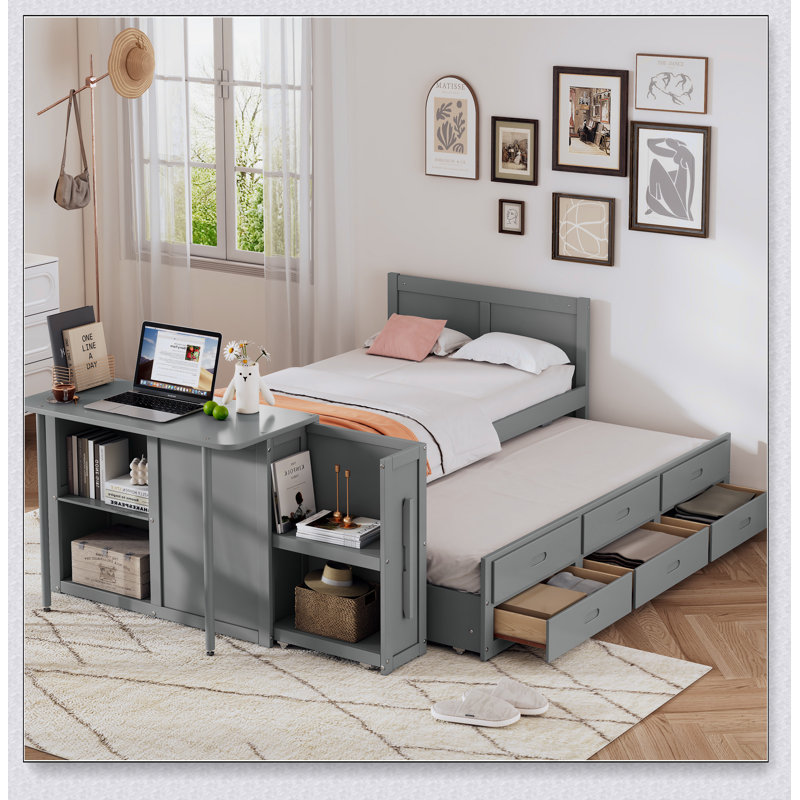 Lit plateforme simple en bois avec bureau et tablette de rangement à l'extrémité du lit, Gris