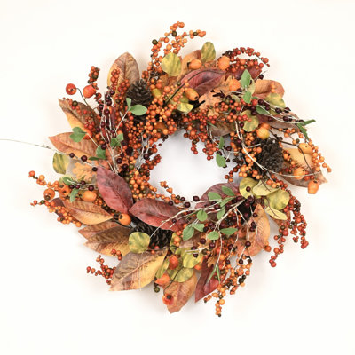 24" Artificial Farmhouse Birch Autumn Mixed Leaves Berry Pinecones Thanksgiving Day Front Door Wreath Fall Fireplace Mantel Display