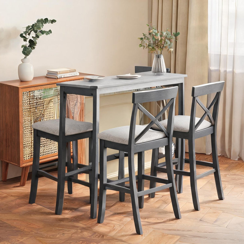Wood and MDF Farmhouse Dining Set in Grey-Toned Finish with 2 Stools, Space-Saving Breakfast Nook for Small Kitchens
