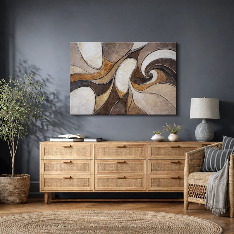 Œuvre abstraite de courbe fluide or brun, images de salon de luxe, impression sur toile encadrée, impression numérique