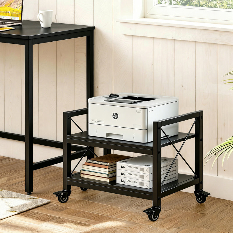 Support d'imprimante de bureau à 2 niveaux en bois d'ingénierie industrielle - Durable, compact, plates-formes réglables, roulettes, assemblage requis. Support de photocopieur sous bureau spécialisé.