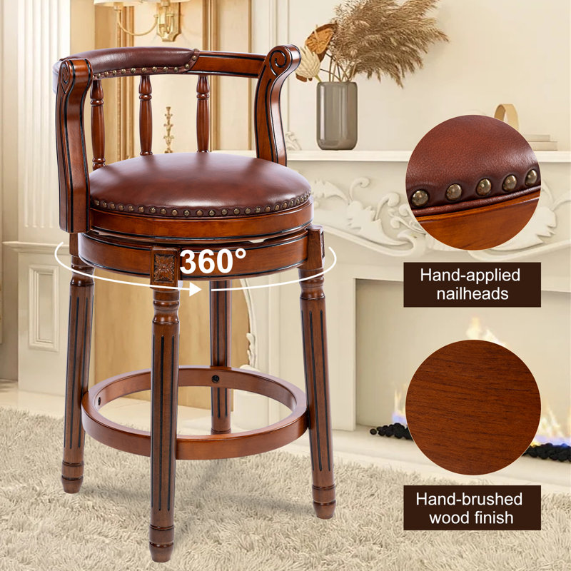 Sturdivant Genuine Leather Swivel Wooden, Bar Stool (29" Seat Height), Brown Leather/ Brown Frame