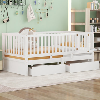 Wood Daybed With Fence Guardrails And 2 Drawers