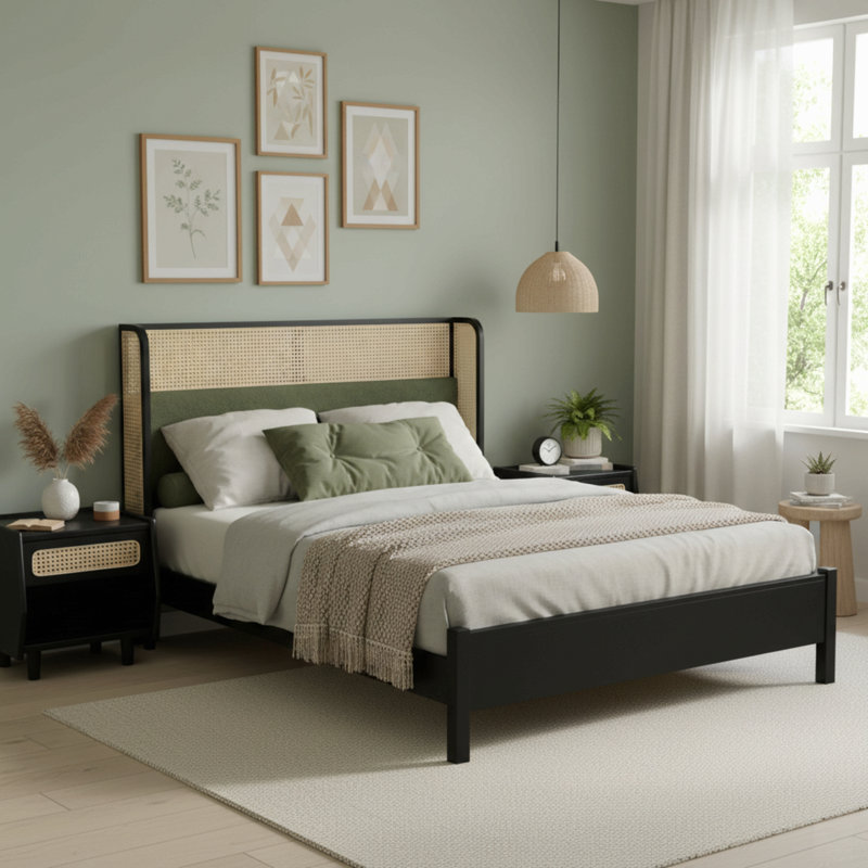Structure de grand lit avec tête de lit verte, lit en bois massif, mobilier de chambre moderne, Noir/vert