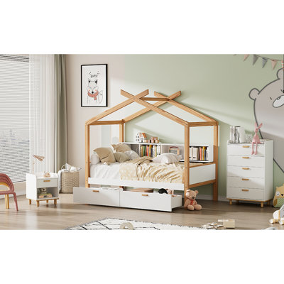 Lit simple en bois blanc et naturel - 2 tiroirs de rangement et 4 étagères à livres confortables pour chambre à coucher avec structure en bois