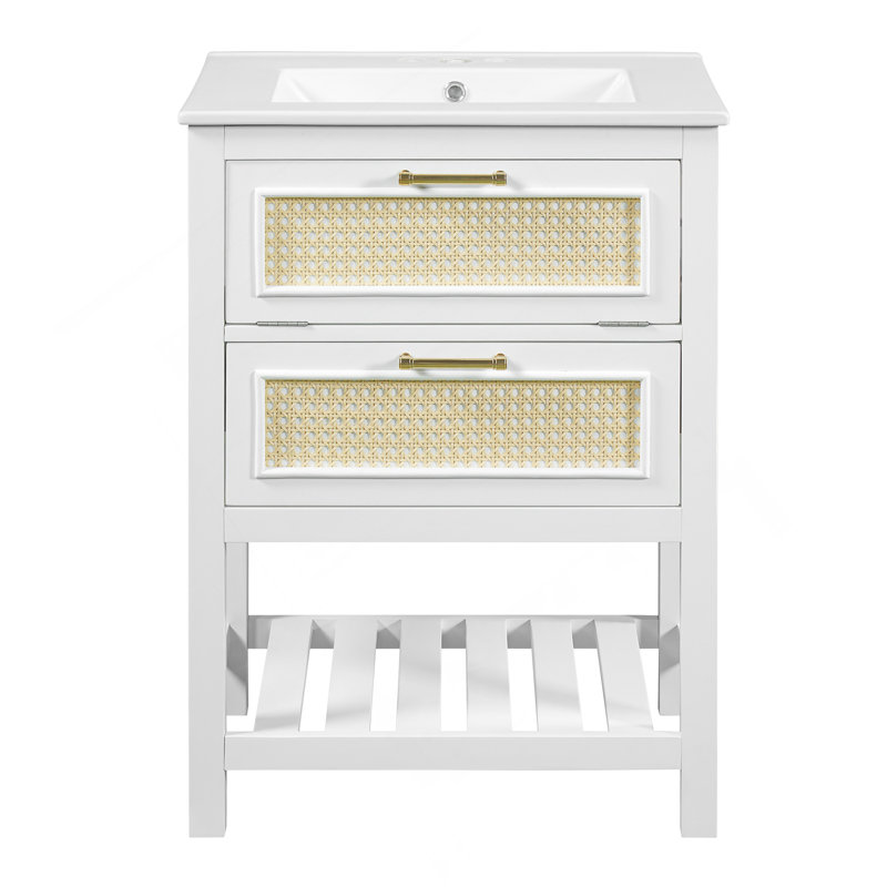Meuble-lavabo de 24 po avec lavabo intégré en céramique, meuble-lavabo à 1 tiroir profond, 1 tiroir basculant et meuble-lavabo simple pour les petites et moyennes toilettes
