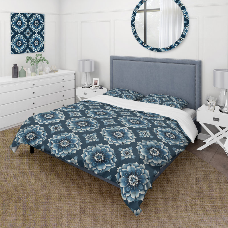 Blue Silver Traditional Floral Tiles III - Ensemble de housse de couette Traditional