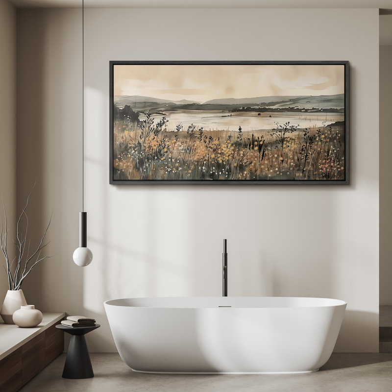 Wildflowers Alongside the River Artwork, Green And Brown Neutral Wall Pictures, Giclee Canvas Digital Print Extra Large Framed Wall Art