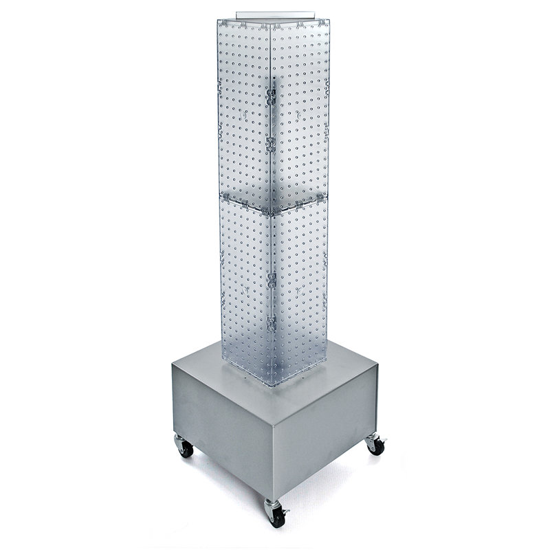 Panneau d'affichage à quatre côtés en panneau perforé sur base en métal à roulettes. Tour Spinner Rack. Taille du panneau: l 8 po x H 40 po