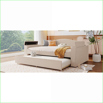 Full Size Teddy Fleece Upholstered Daybed with Bluetooth Audio, Storage Armrests &amp; Trundle, Beige for Small Spaces