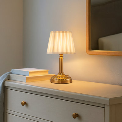Glam Cordless Table Lamp Touch Control With 3 Way Classic Elegant Dimmable Rechargeable Led Nightstand Lamp With Fabric Shade In Brass Finish