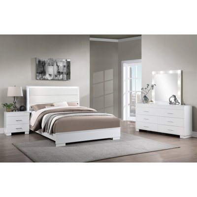 Nivia Queen 4Pc Bedroom Set With Led Mirror In White Finish