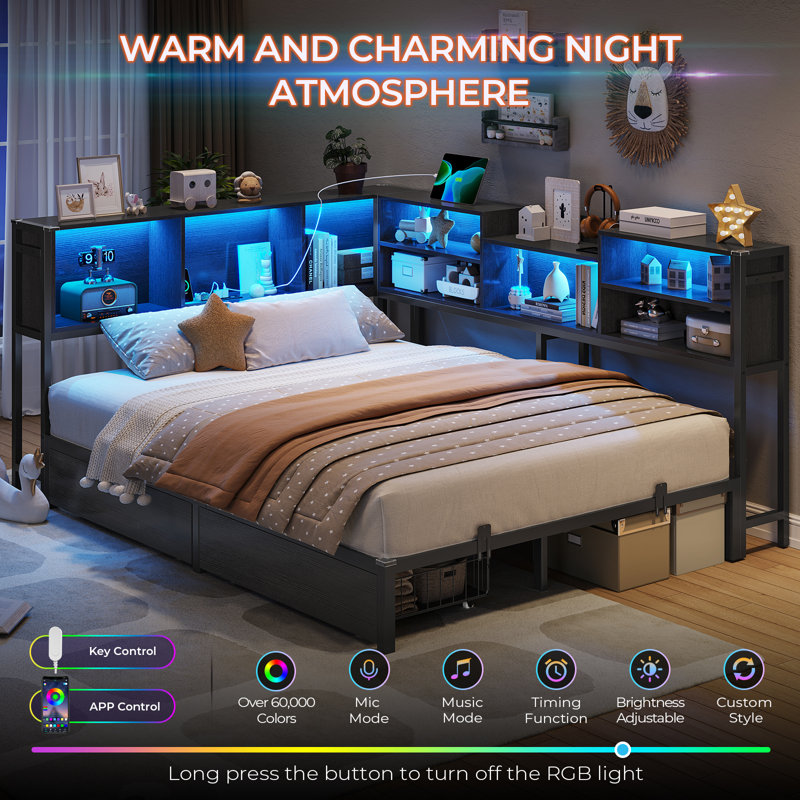 Daybed With 2 Underneath Storage Drawers And Charging Station, L-shape Corner Bed Frame With Storage Bookcase And Led Lights For Living Room, Bedroom & Guest Room